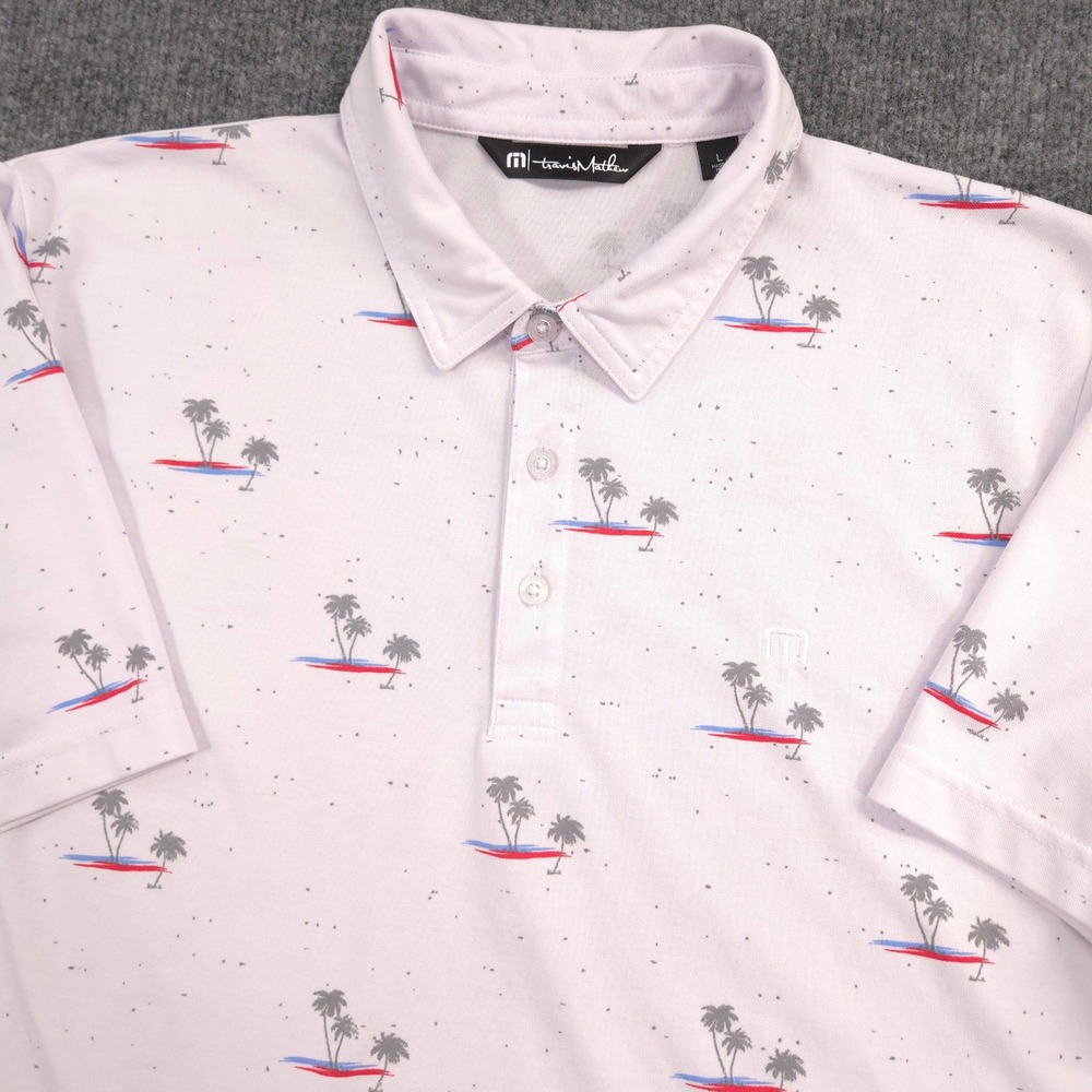 Travis Mathew Polo Shirt Mens L White Tropical Palm Tree AOP Golf Preppy Casual